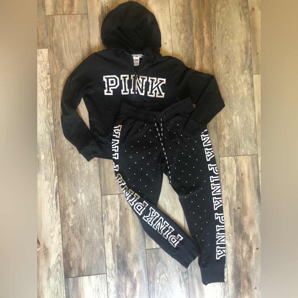 🖤PINK• VS• sweatsuit Outfit zip up/drawstring crystal studded 2 piece Super hot